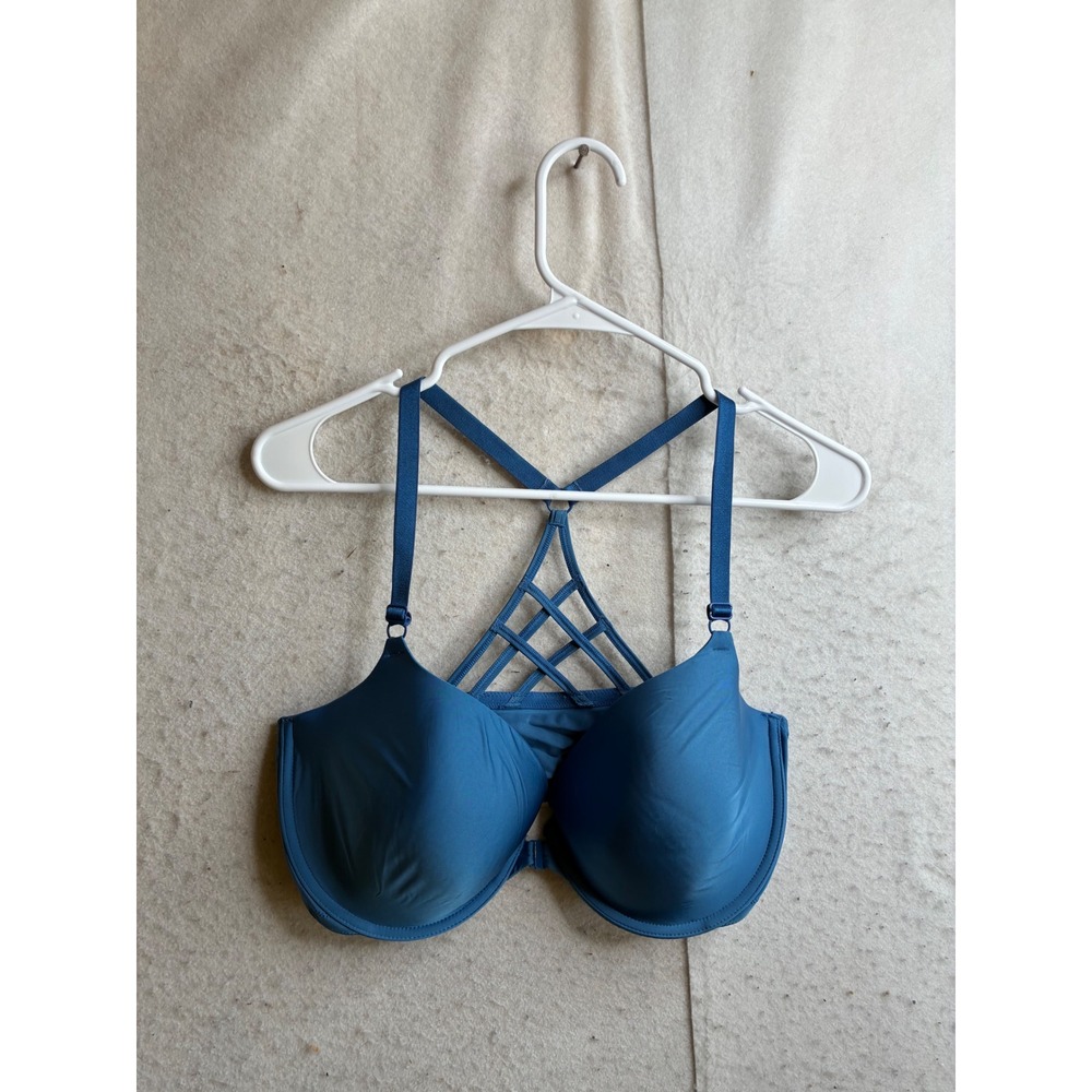 Victoria's Secret Lined Demi Bra 38DD Blue Front Closure Cage Racerback 338205